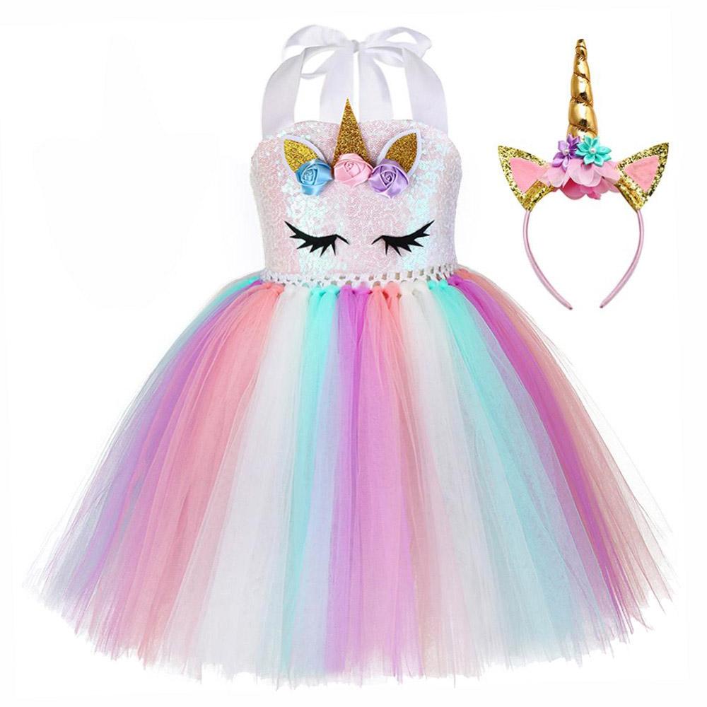 Girls Unicorn Birthday Tutu Sequin Pastel Dress With Headband Wing