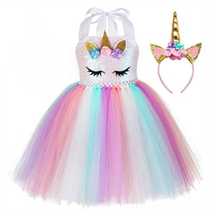 Girls Unicorn Birthday Tutu Sequin Pastel Dress With Headband Wing