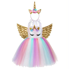 Girls Unicorn Birthday Tutu Sequin Pastel Dress With Headband Wing
