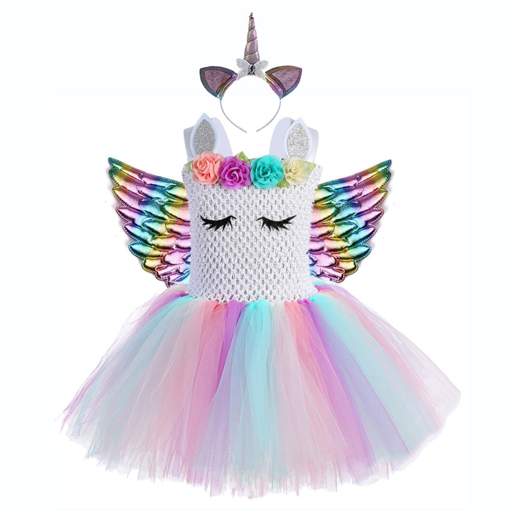 Kid Girl Princess Christmas Unicorn Frock Flower Tutu Dress