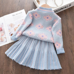 Kid Gir Knitted Print Sweater Dress Outfits 2 Pcs Sets