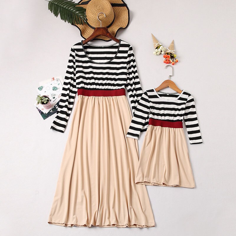 Family Matching Mother Daughter Dresses Striped Child Outfits Look
