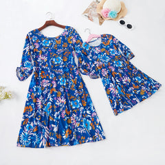 Family Matching Mom Daughter Half Sleeve Blue Dress