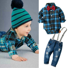 Baby Boy Denim Plaid Gentleman Bib Jeans 4 Pcs Sets Outfit 6-36M