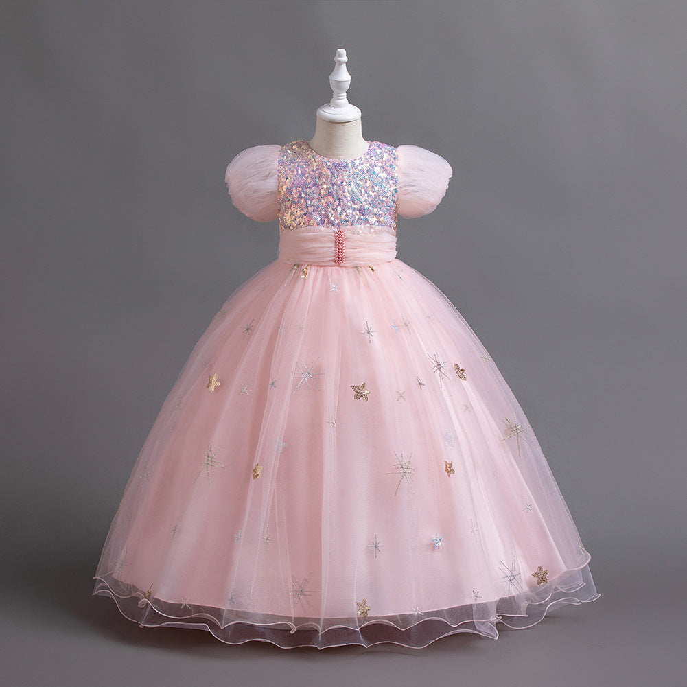 Kid Girl Long Piano Runway Performance Flower Short Sleeved Dresses