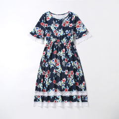 Family Matching Parent-child Flower Print Lace Stitching Dress