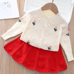Kid Girl Korean Sweet Handmade Embroidered Sweater 2 Pcs Sets
