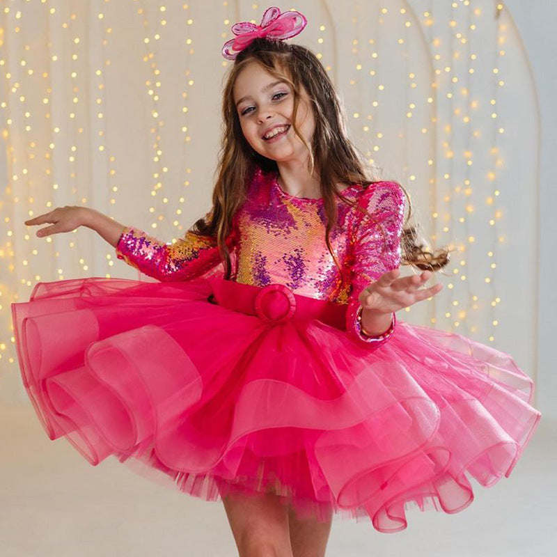 Kid Baby Girls Piano Catwalk Rose Red Sequined Princess Dresses