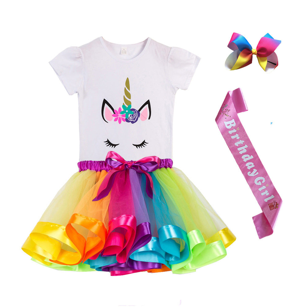Girls Birthday Shoulder Strap Skirt Set Birthday Girl One-horned Round Neck T-shirt