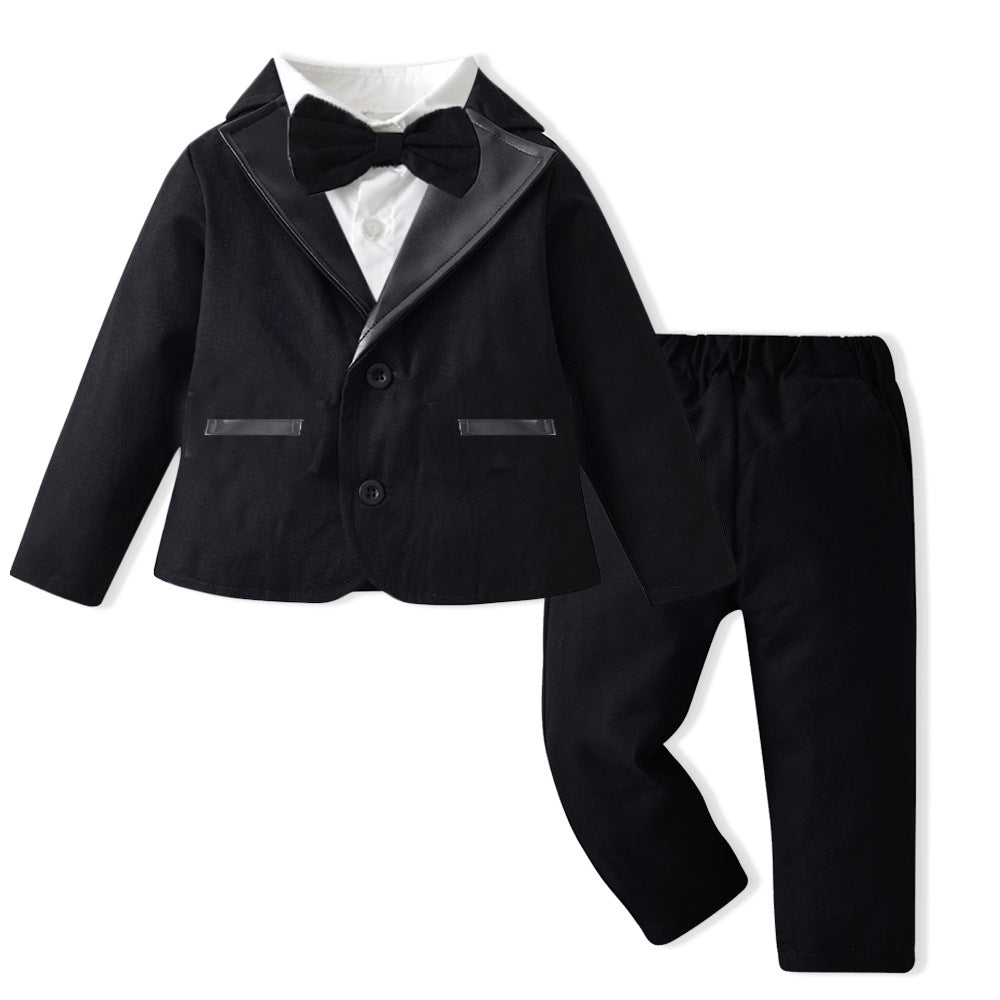 Baby Boy Suit Solid Cotton Black Leather Lapel 3 Pcs Sets