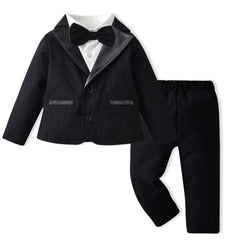 Baby Boy Suit Solid Cotton Black Leather Lapel 3 Pcs Sets