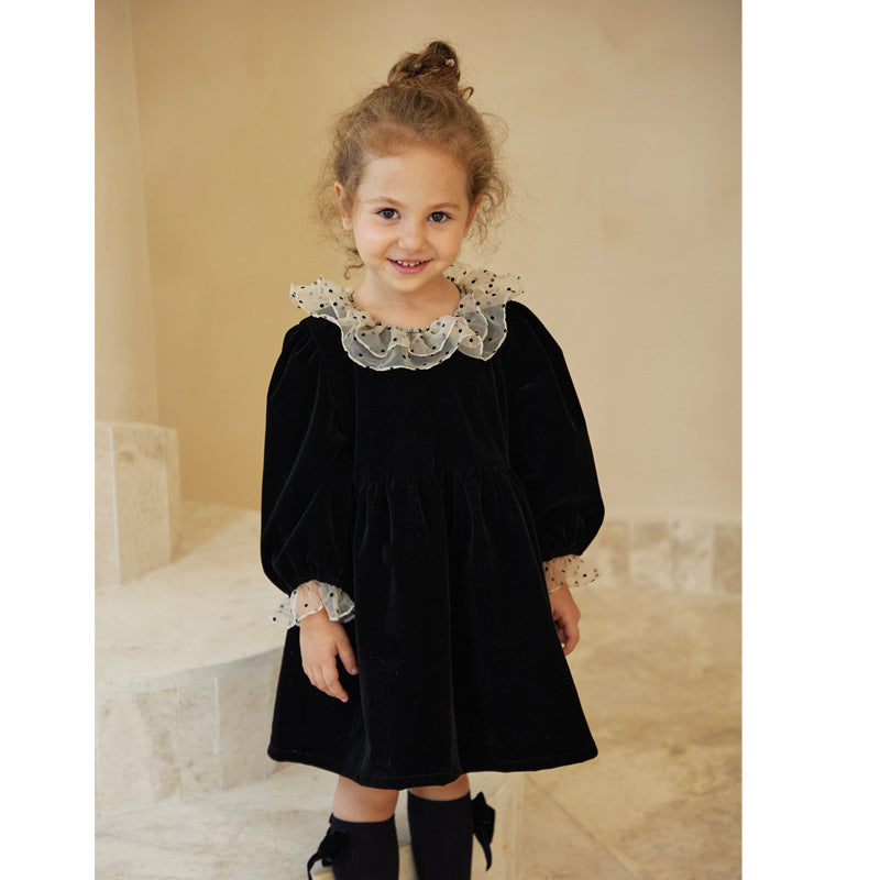 Kid Girl Retro Hepburn Velvet Long Sleeved Dresses