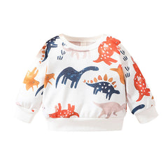 Baby Boy Long-sleeved Crew Neck Cartoon Dinosaur Print Pullover Shirts