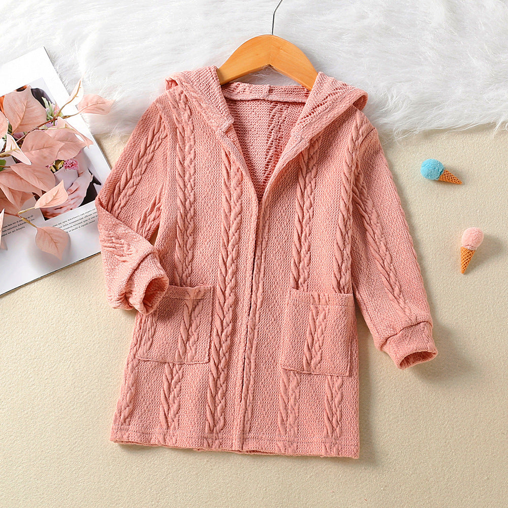 Kid Baby Girls Solid Knitted Hooded Long Coats Casual Cardigan