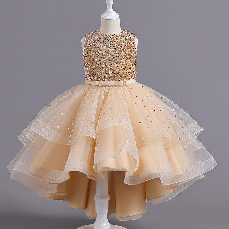 Kid Girl Princess European Flower Fluffy Yarn Trailing Dresses