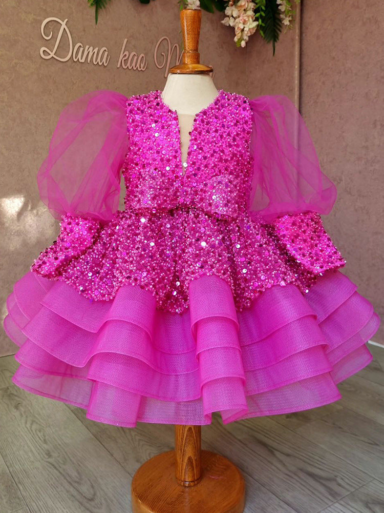 Kid Girl Princess Stylish Sequin Mesh Bubble Sleeves Fluffy Dresses