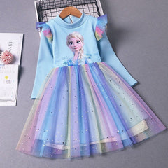 Kid Girl Autumn Winter Plus Velvet Plushed Rainbow Fluffy Gauze Dresses