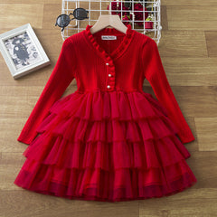 Kid Baby Girls Long Sleeve Knitted Mesh Cake Dresses