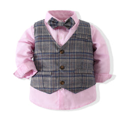 Baby Boy Set Suits Solid Color Plaid Vest Formal 4 Pcs Set