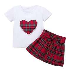 Infant Kid Baby Girls  Plaid Print Pearl Short Sleeve 2pcs Set