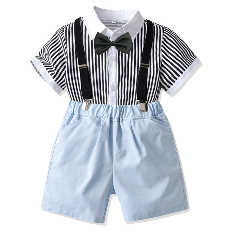 Baby Boys Summer Stripe Suspenders Formal British Gentleman 4 Pcs Sets