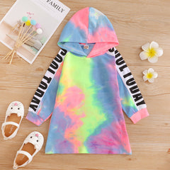 Kid Baby Girls Tie-dye Alphabet Long-sleeved Casual Dress