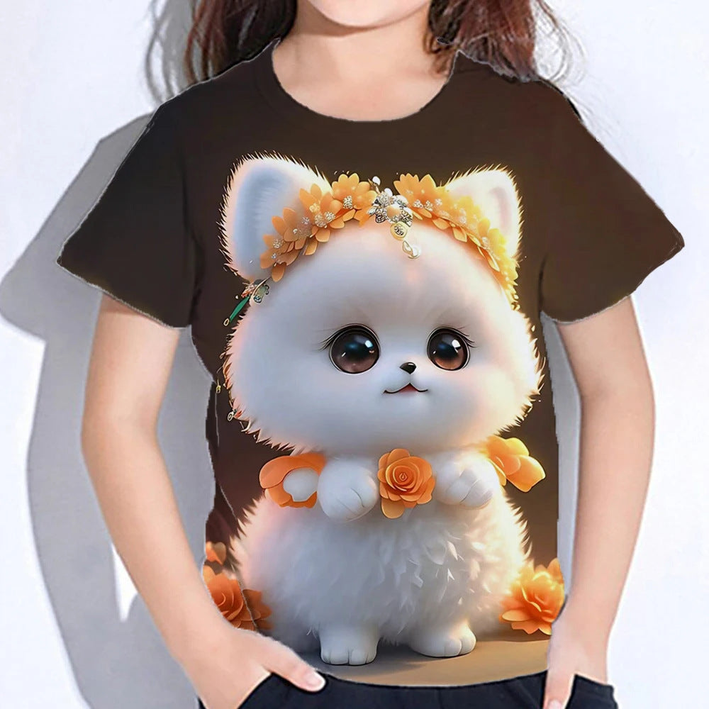 Kid Girl Cute Puppy 3D Printed Short Sleeve Comfortable T-shirt