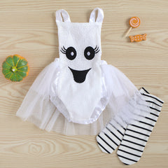 Baby Girl Halloween Smiling Face Embroidered Gauze Climbing Rompers
