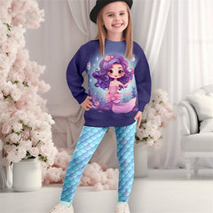 Kid Girl Cartoon Spring 3D Printed Mermaid 2 Pcs Sets Outfits