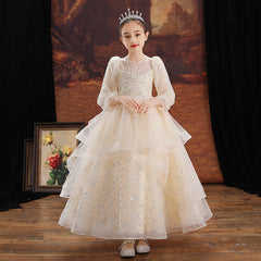 Kid Girl Flower Little Host Piano Performance Long Sleeve Dress