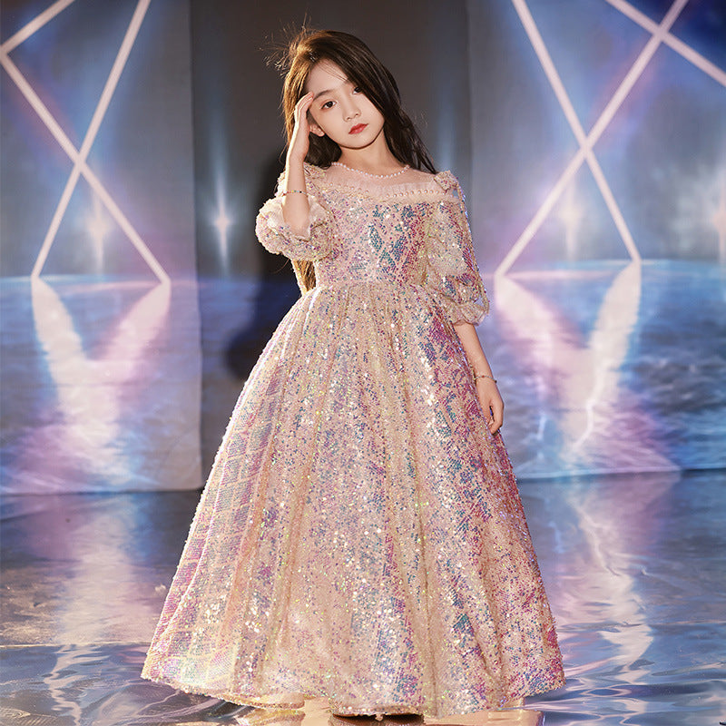 Kid Girl Sequined Catwalk Host Luxury Piano Dresses