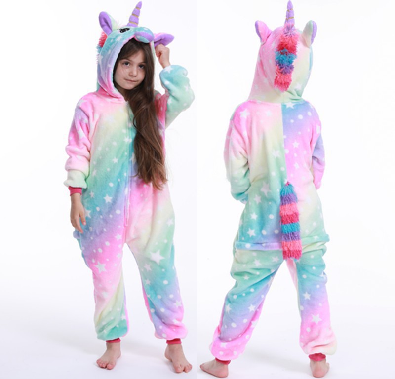 Kid Girl Flannel Home Cartoon Animal Stars Horses One-piece Pajamas