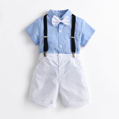 Kid Baby Boy Gentleman Suit Short Sleeve Striped Bow Tie Blue Suspenders 4 Pcs Sets