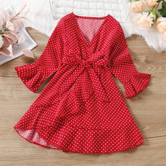 Autumn Kid Baby Girls Polka Dot V-neck Bow Tie Dress