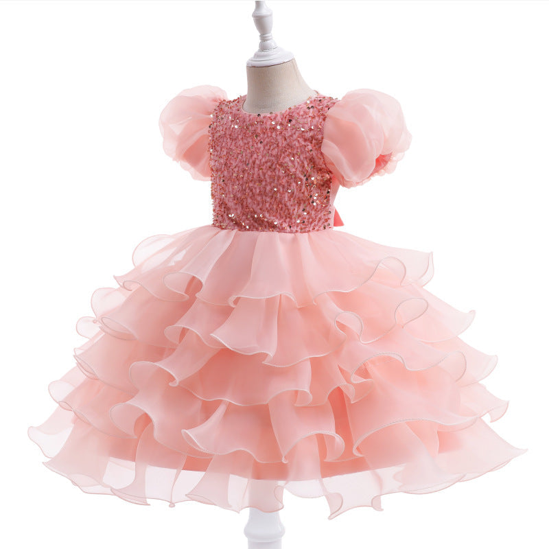 Kid Girl Princess Bubble Sleeve Sequins Pompous Gauze Dresses