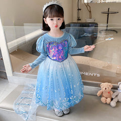 Kid Girl Princess Temperament  Frozen Elsa Long Sleeves Dresses