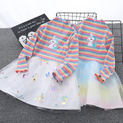 Kid Girl Rainbow Long Sleeved Yarn Fluffy Casual Dresses