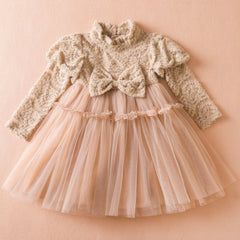 Girls Mesh Dress Bubble Sleeve Princess Dress Children Long Sleeve Bow Dress