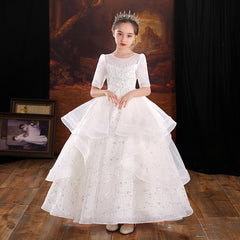 Kid Girl Flower Little Host Piano Performance Long Sleeve Dress