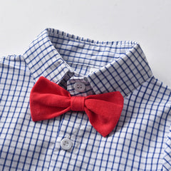 Kid Baby Boy Set Plaid Bowknot Short Sleeve Strap 2 Pcs Sets