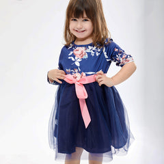 Family MatchingParent-child Dress Flower Printing Mosaic Mesh Dress