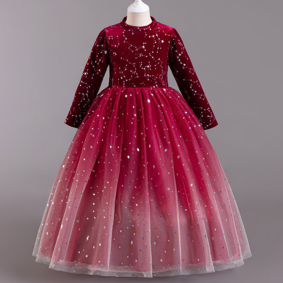 Girl Dress Gradient Starry Sky Mesh Puffy Princess Dress Autumn Winter Girl Dress