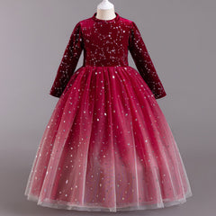 Girl Dress Gradient Starry Sky Mesh Puffy Princess Dress Autumn Winter Girl Dress