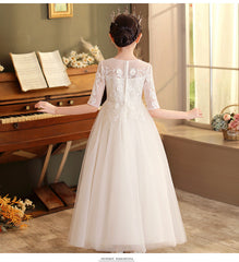 Kid Girl Banquet Long Sleeve Fluffy Yarn White Wedding Princess Dresses