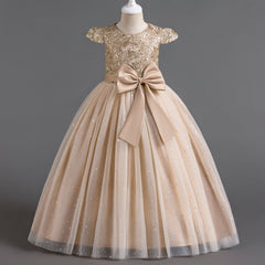 Flower Girl Dress Girls Lace Birthday Party Gown Sequins Big Bow Princess Dress