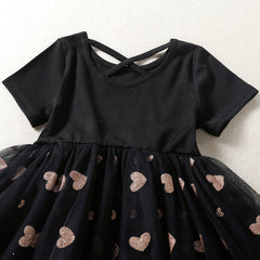 Kid Baby Girl Short Sleeve Splicing Love Gauze Spring Dresses