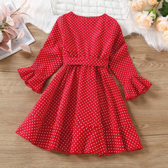 Autumn Kid Baby Girls Polka Dot V-neck Bow Tie Dress