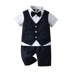 Baby Boys Gentlemen Short Sleeved Solid Fake 2 Pcs Sets