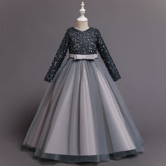 Kid Girl Sequins Birthday Evening Princess Piano Long Sleeves Dresses
