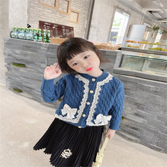 ã€?M-5T】Kid Baby Girl Lace Pearl Single-breasted Winter Sweater